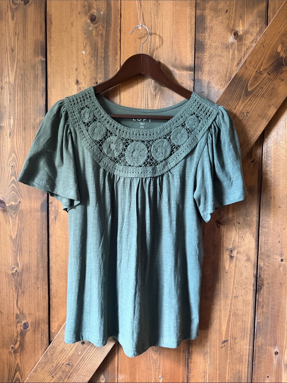 LOFT Olive Crochet Yoke Short Sleeve Tee